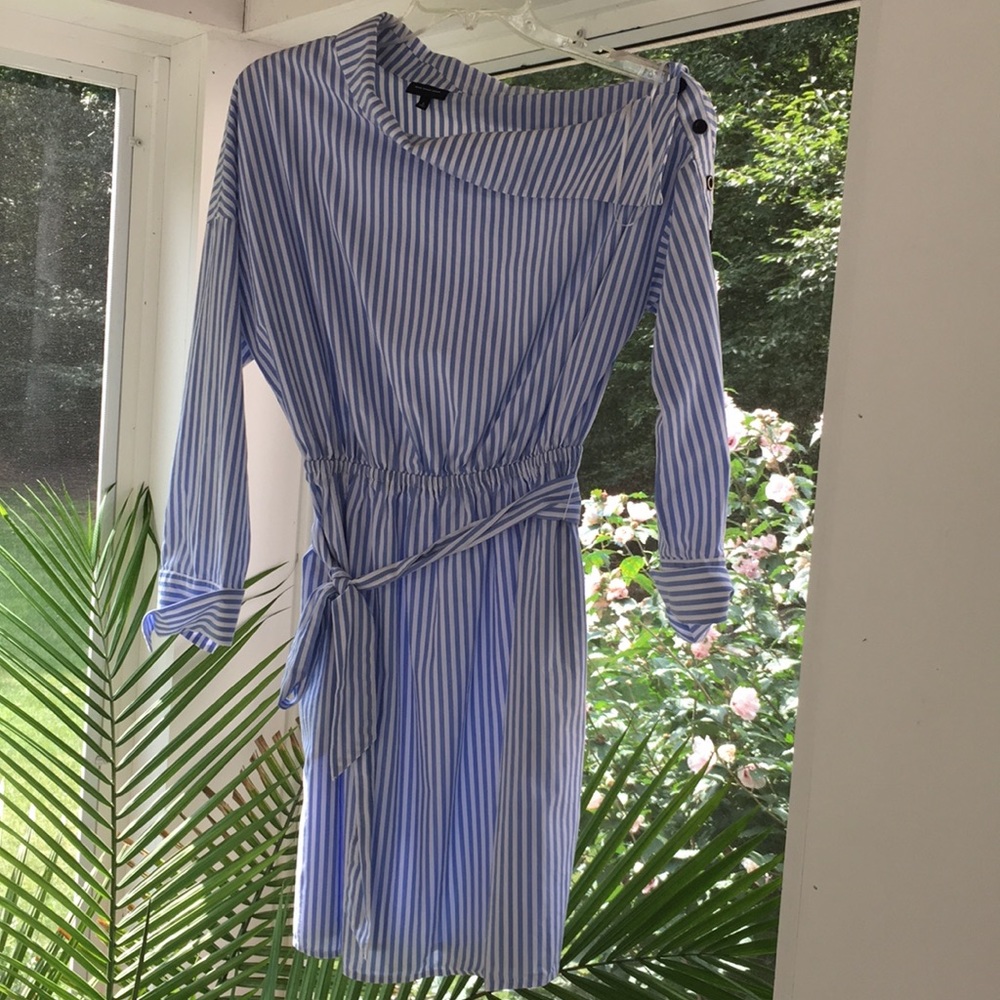 Blue and white striped one shoulder dress